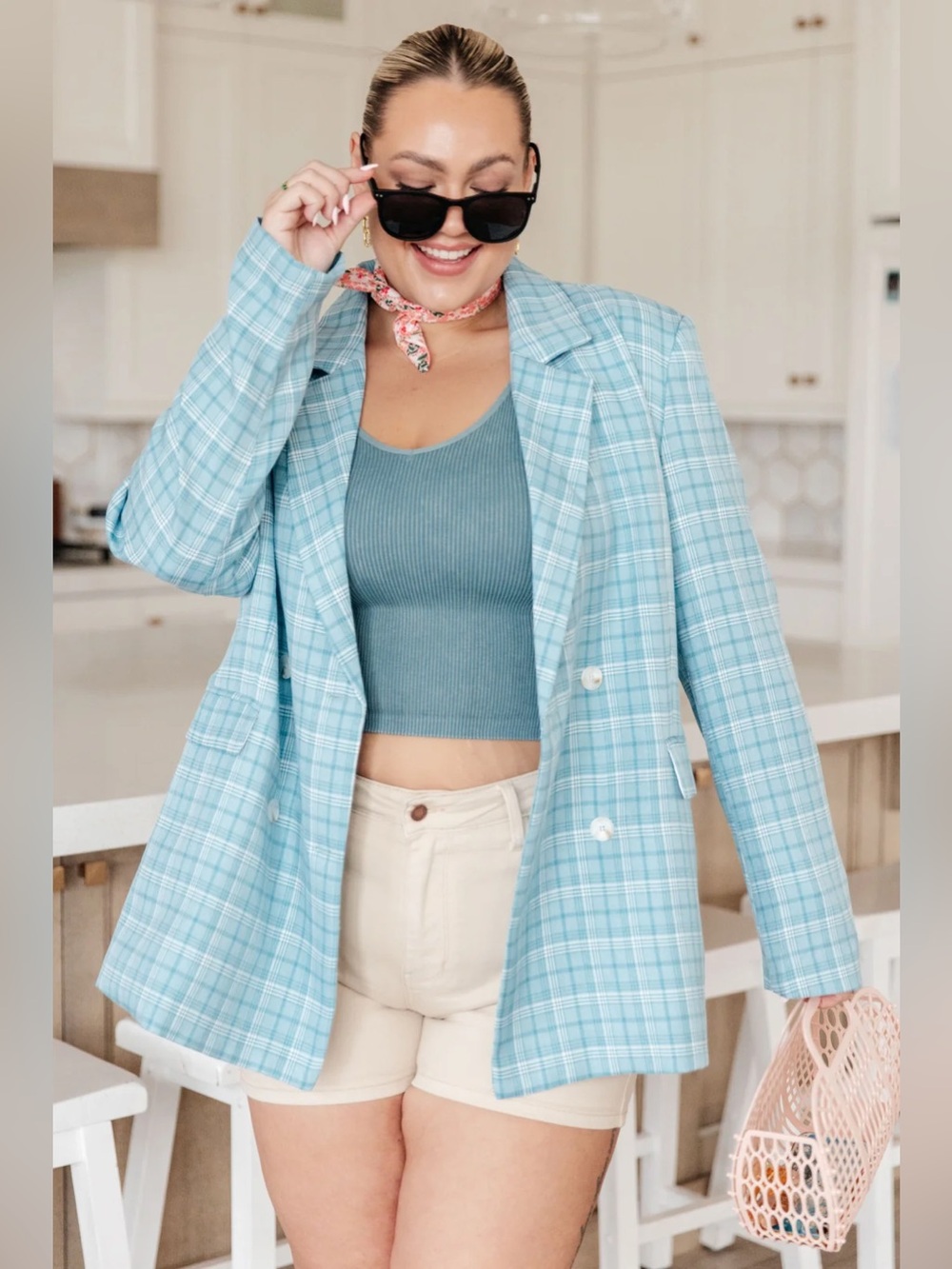 NWT Haptics Plaid Double-Breasted Light Blue Blazer Jacket